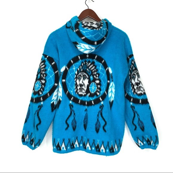 Rare Tejidos Native American Dream Catcher Blue Fluffy Wool Jacket Size M/L - Picture 2 of 14